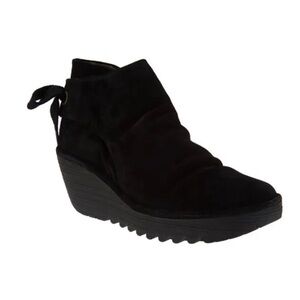 FLY London Yebi Black Suede Ruched Back Tie Detail Ankle Wedge Booties